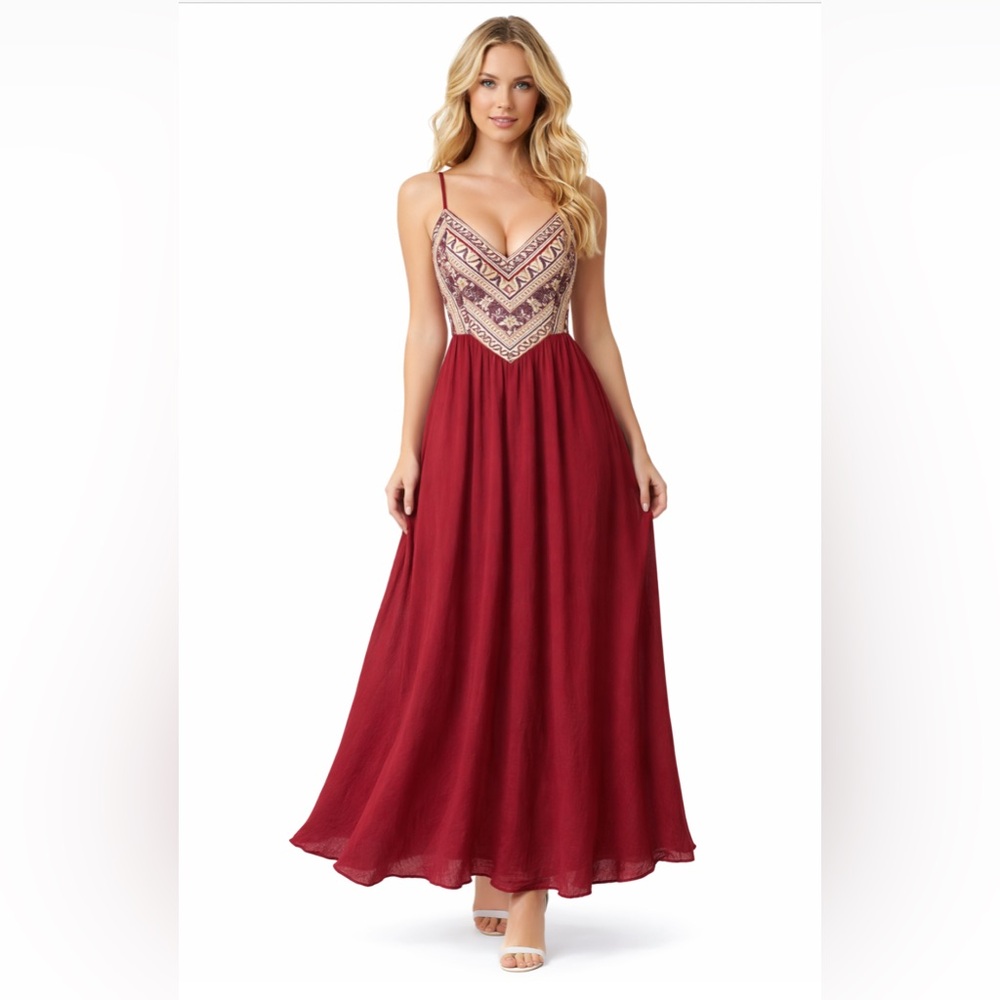 NWT Boho Embroidered Maxi Sundress – Spaghetti Strap